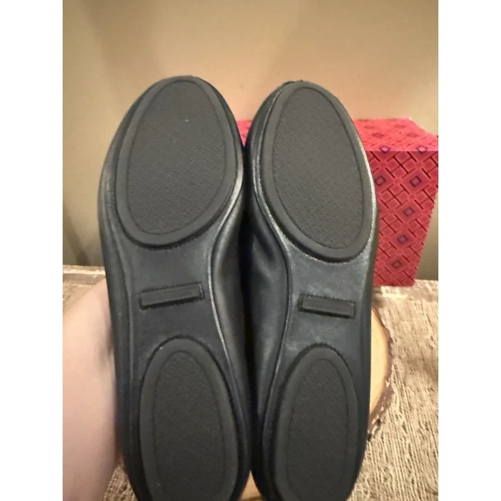 Tory Burch Minnie Travel Ballet Flats Black Leather Gold Logo Sz-10M